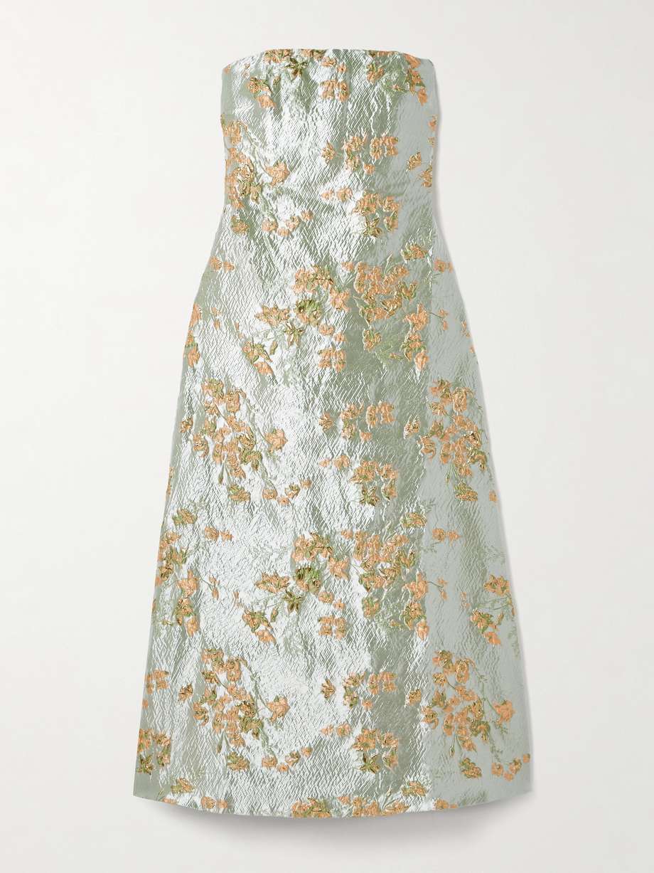 kennedy strapless gathered metallic brocade midi dress