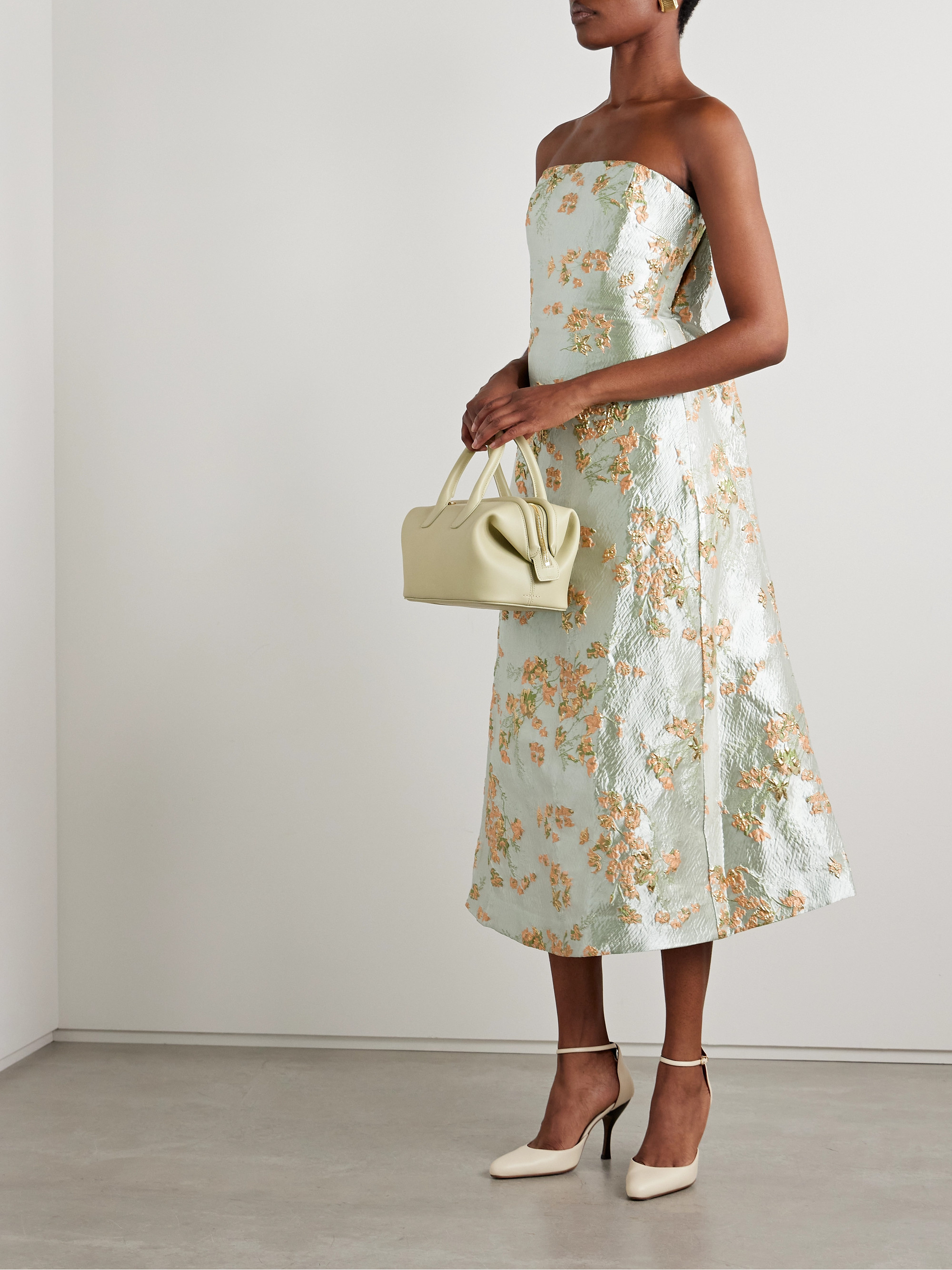 Staud Kennedy strapless gathered metallic brocade midi dress