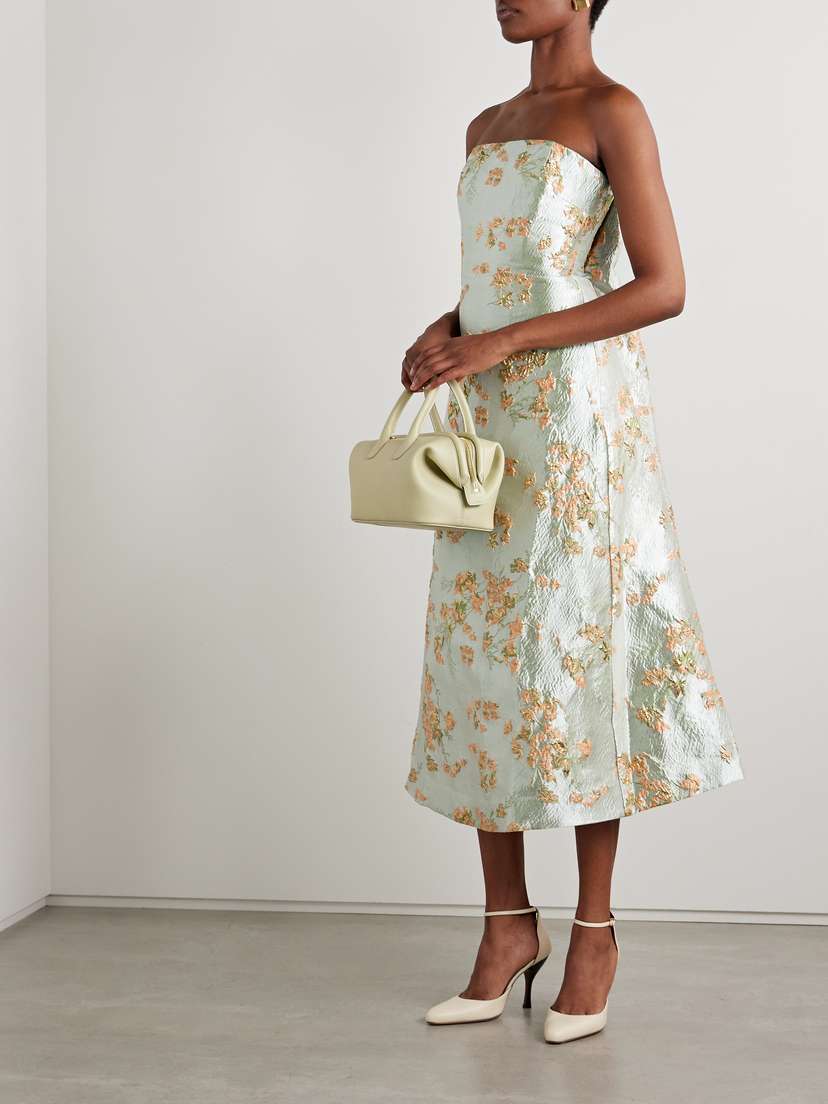 Staud Kennedy Strapless Gathered Metallic Brocade Midi Dress - back view in Metallic