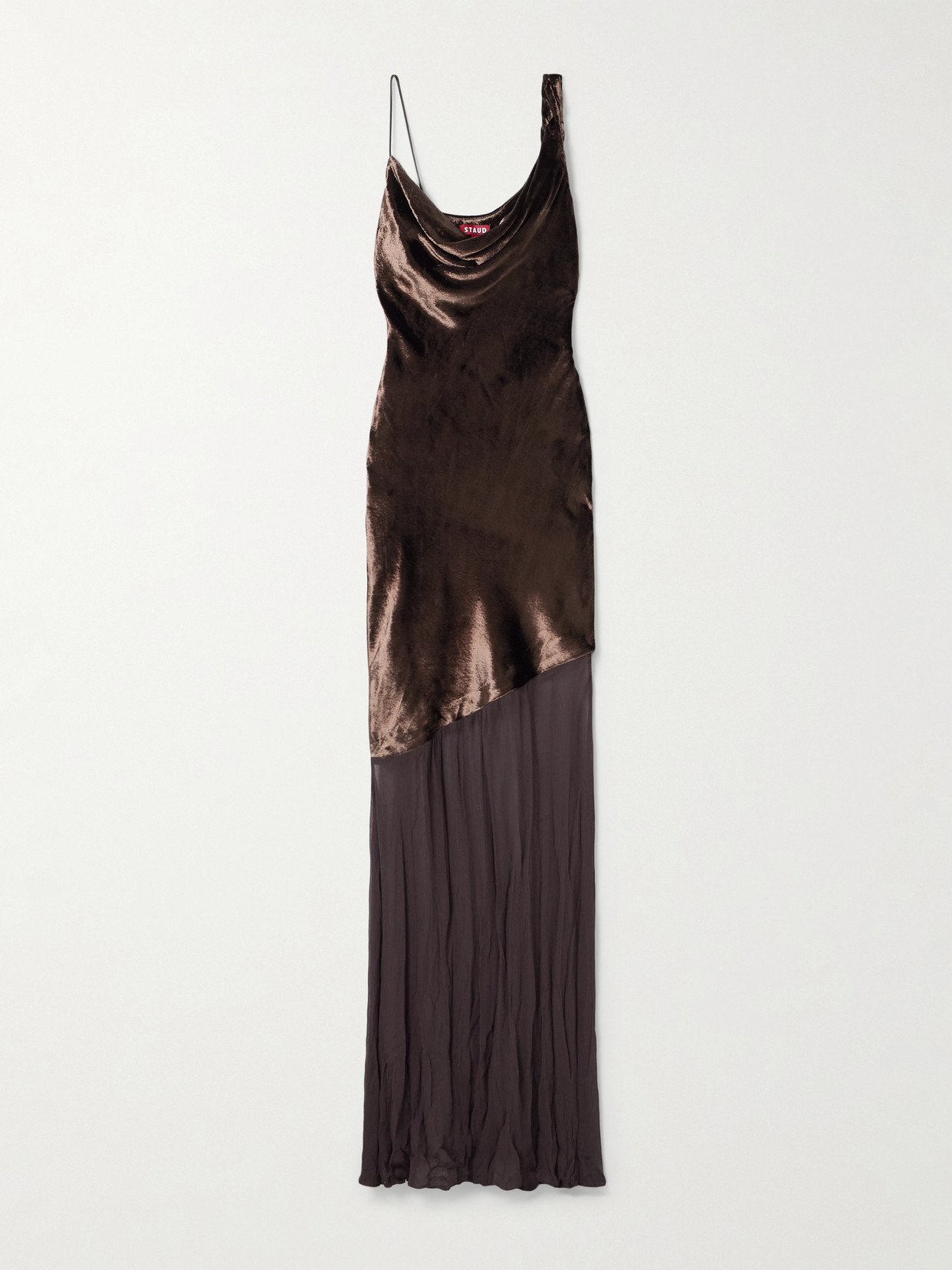 Staud Beaton Draped Velvet And Chiffon Gown In Brown