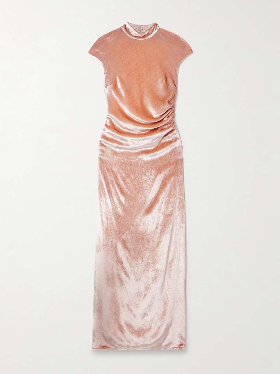 tina open-back ruched velvet gown