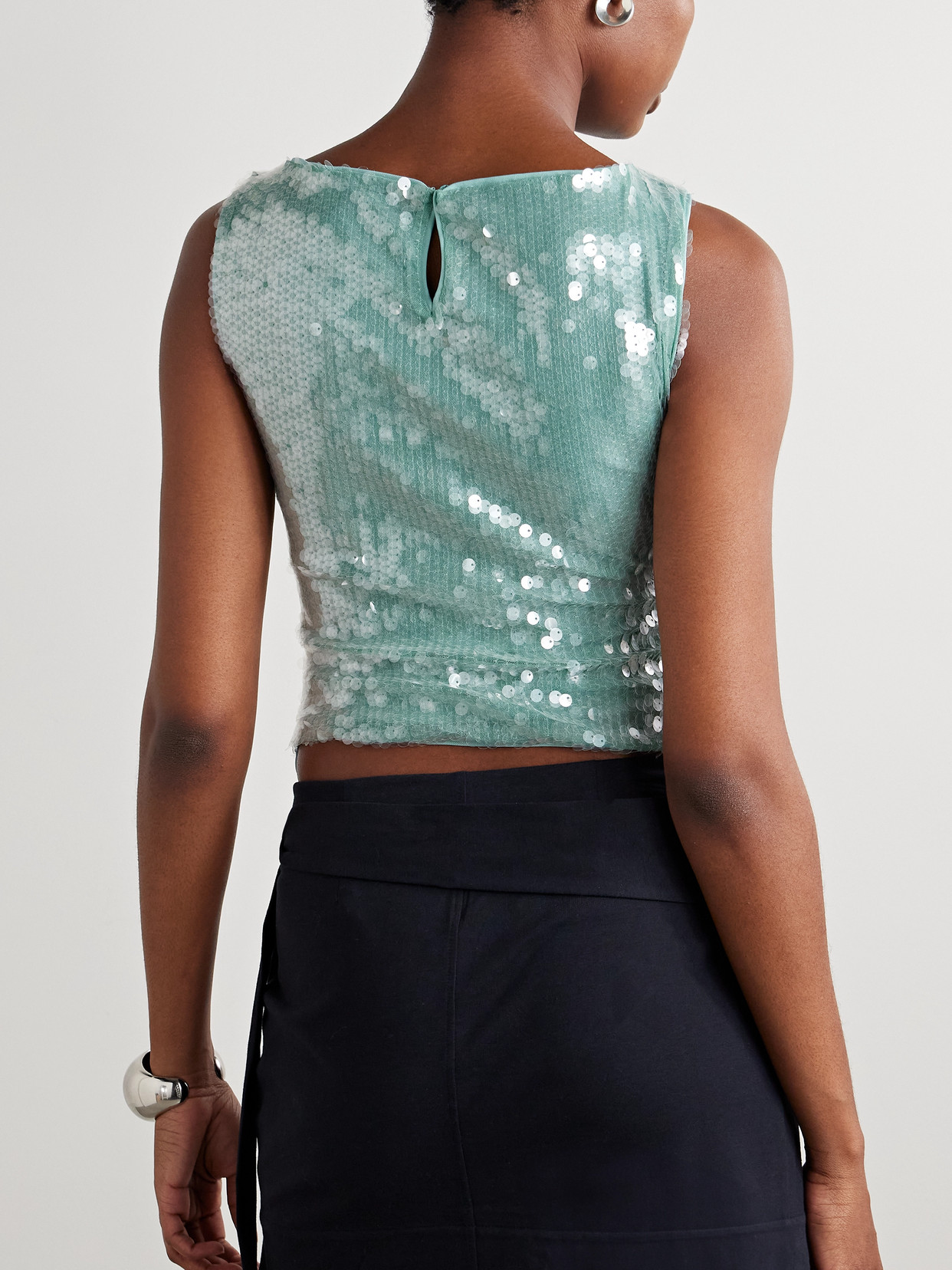 Eton Cropped Ruched Sequined Tulle Top