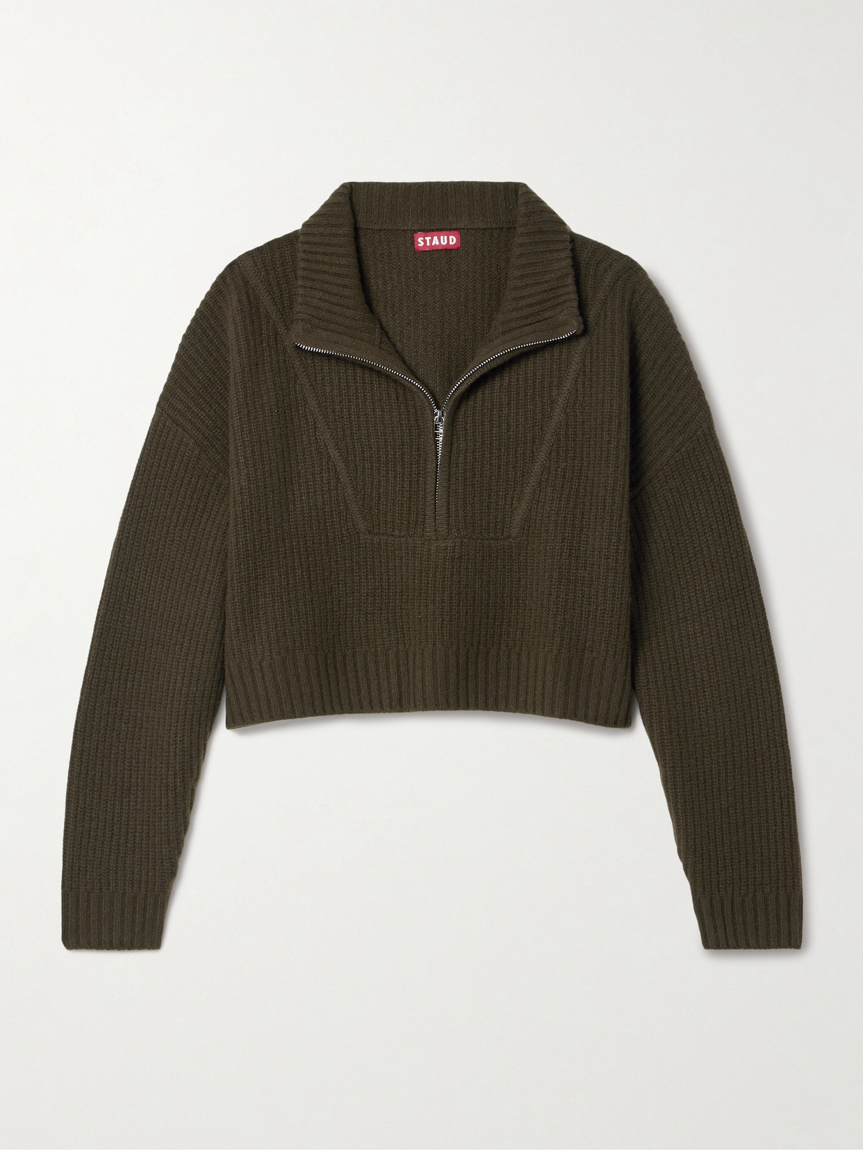Staud Cropped Hampton Cashmere Sweater In Olive In Green