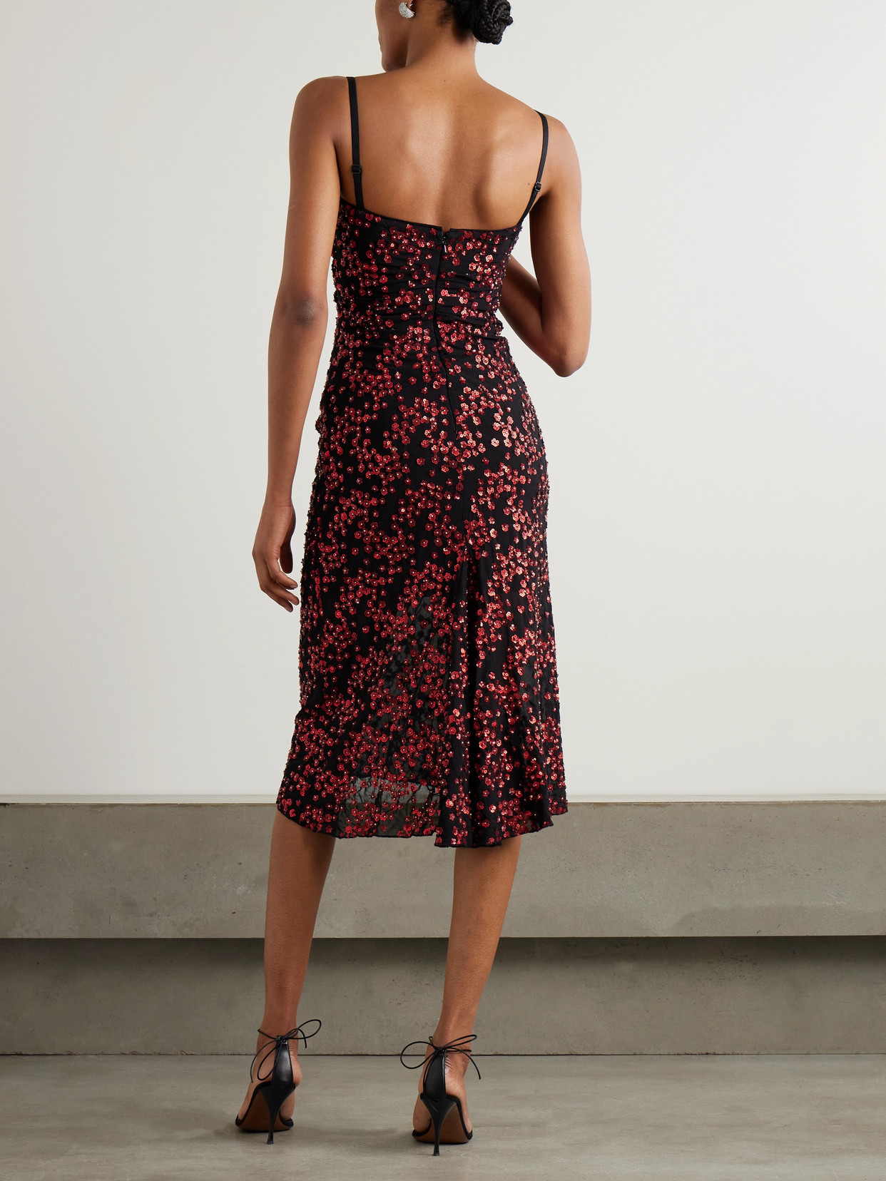 Staud Florentina Embellished Ruched Tulle Midi Dress In Red