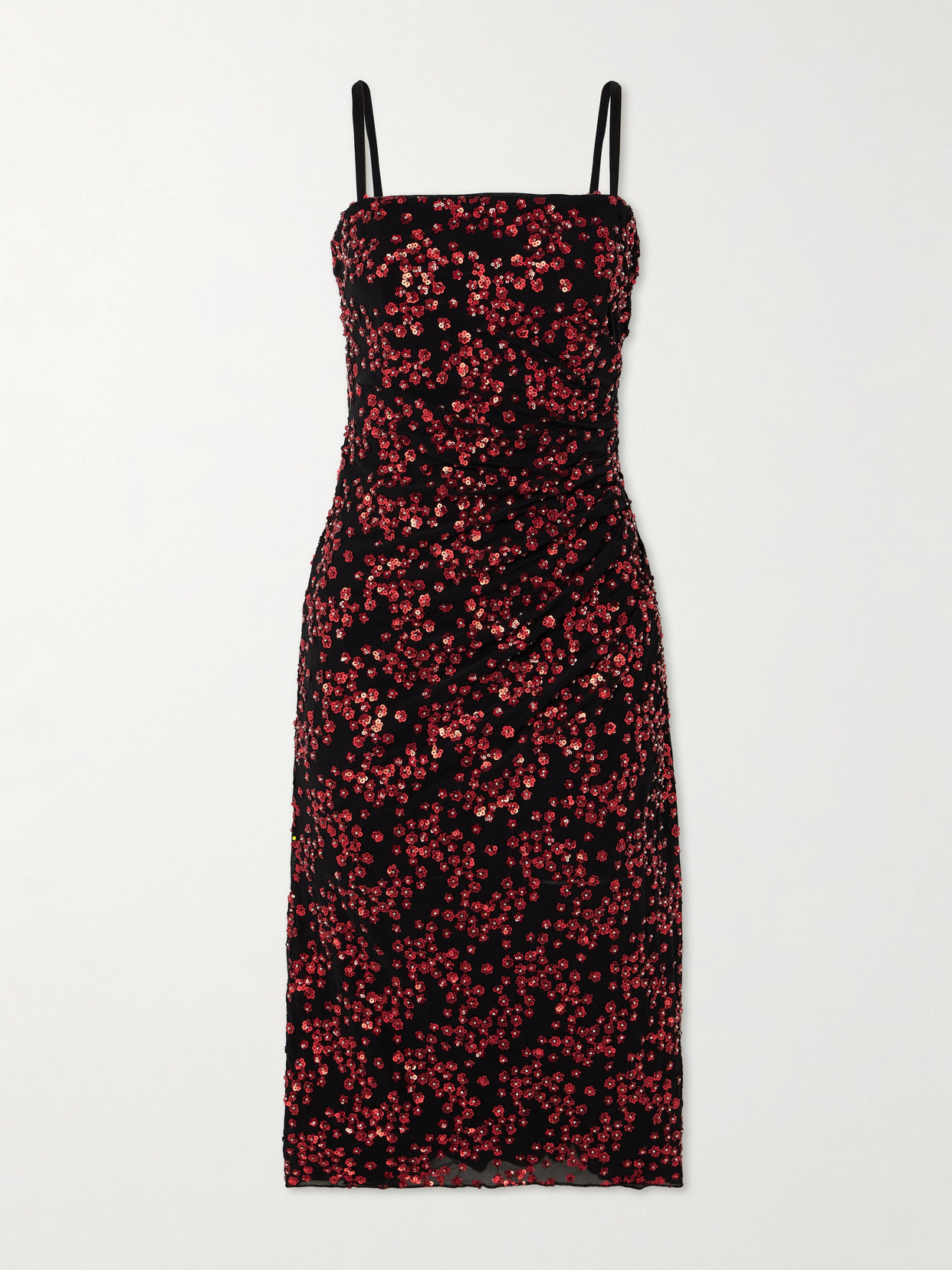 Staud Florentina Embellished Ruched Tulle Midi Dress In Red