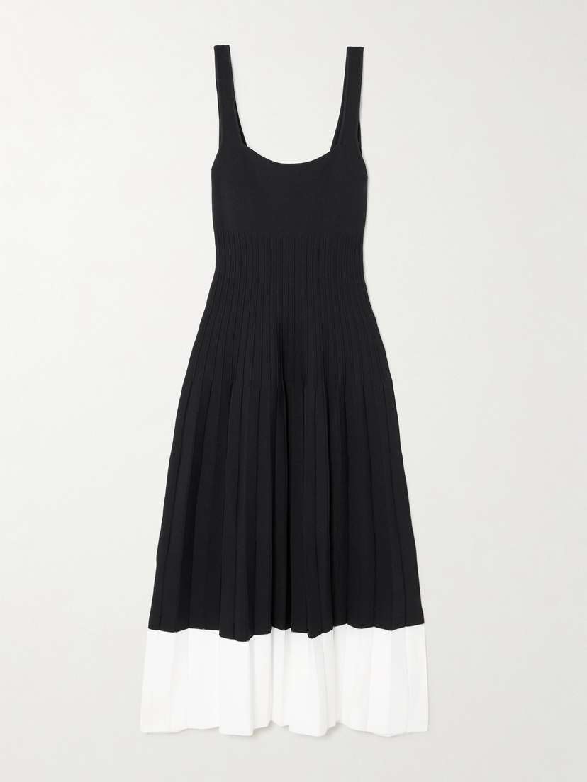 Staud Ellison Pleated Ribbed-knit Midi Dress