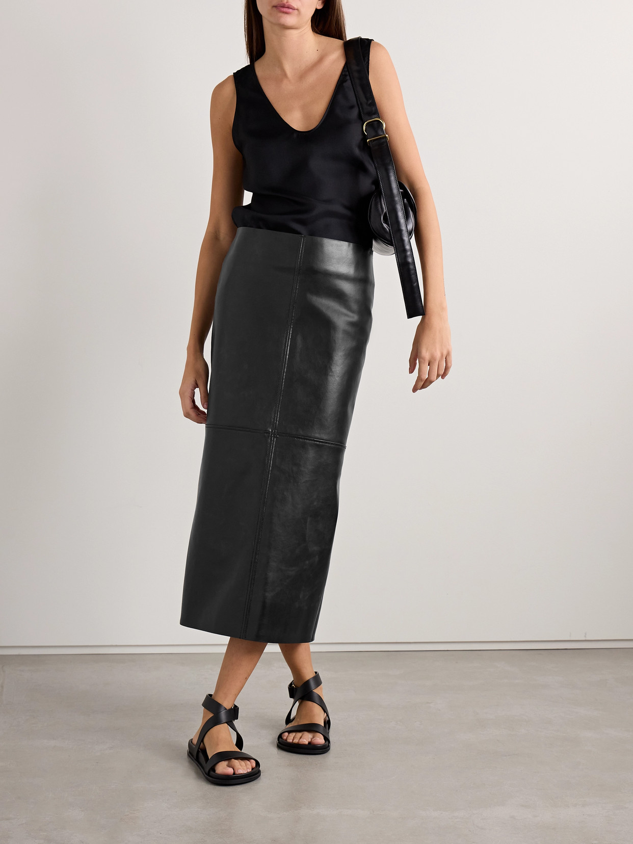 Another Tomorrow Paneled Faux Leather Midi Skirt In Black