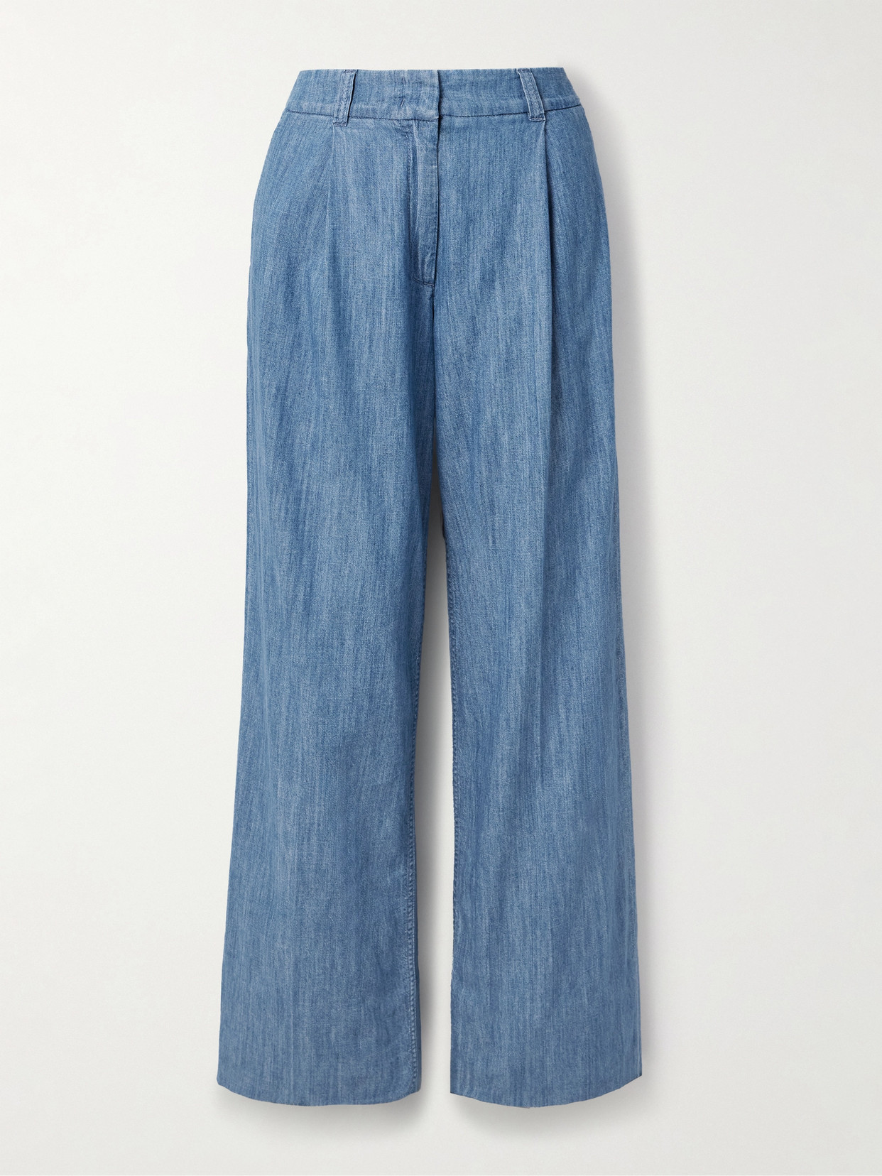 Another Tomorrow Pleated Organic Cotton-chambray Wide-leg Pants In Blue