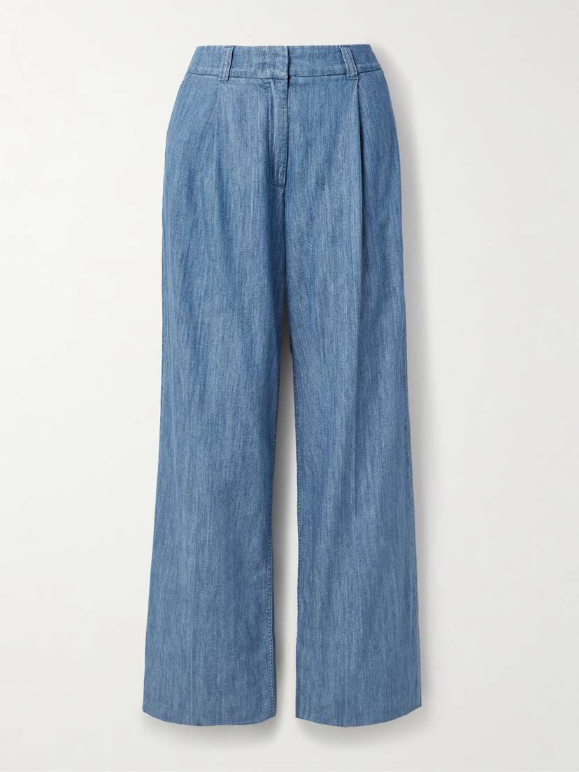 Another Tomorrow Pleated Organic Cotton-chambray Wide-leg Pants