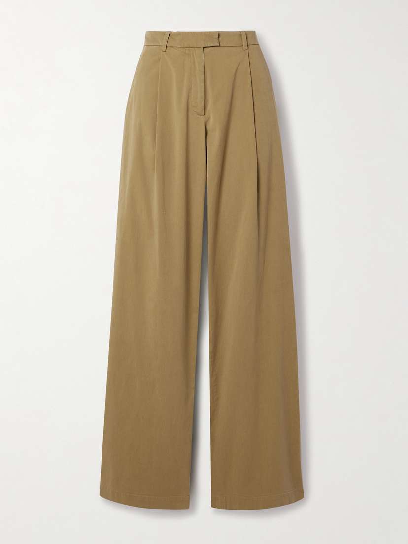 Another Tomorrow Pleated Organic Cotton-blend Twill Wide-leg Pants