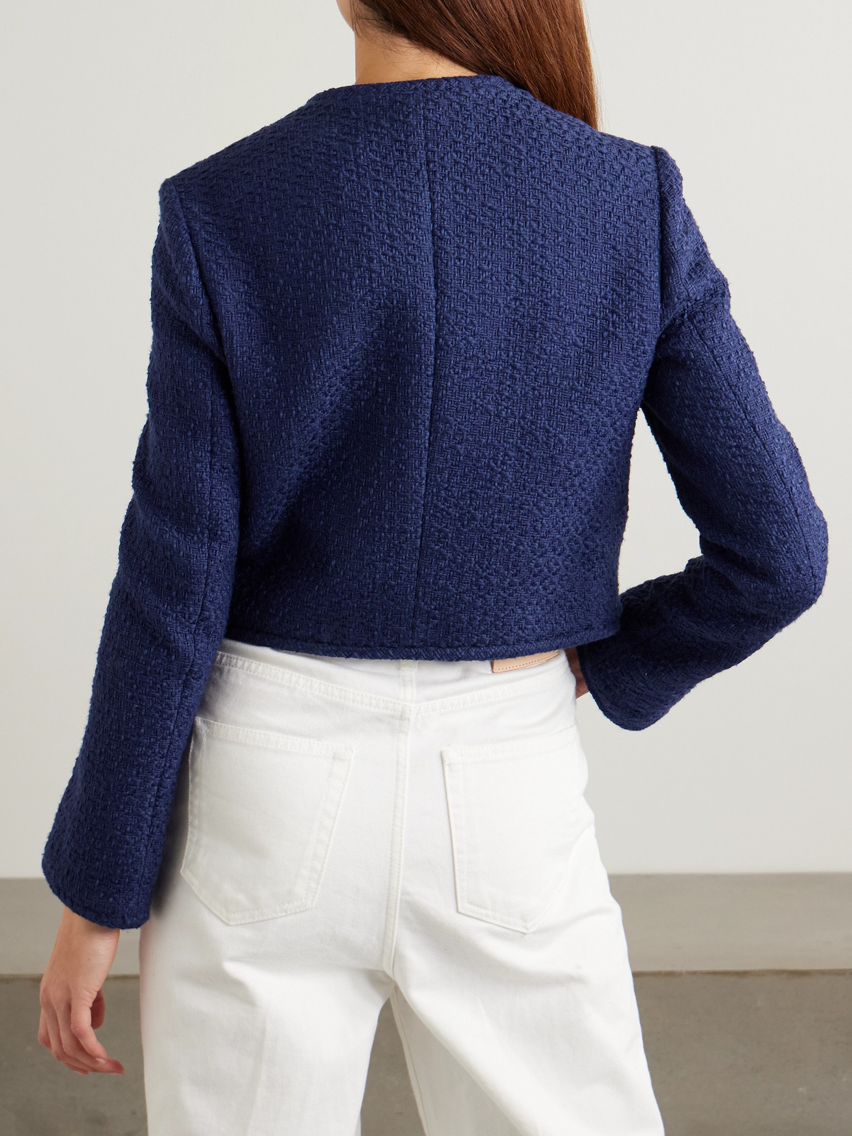 Another Tomorrow Cropped Organic Cotton-tweed Jacket In Blue