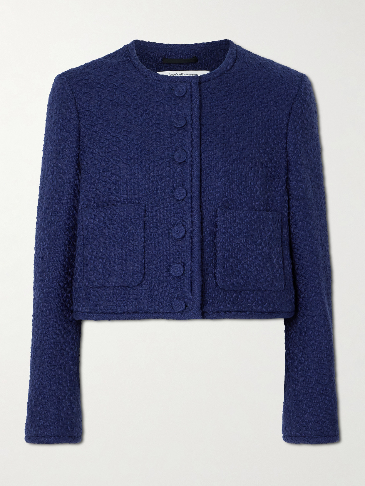Another Tomorrow Cropped Organic Cotton-tweed Jacket In Blue