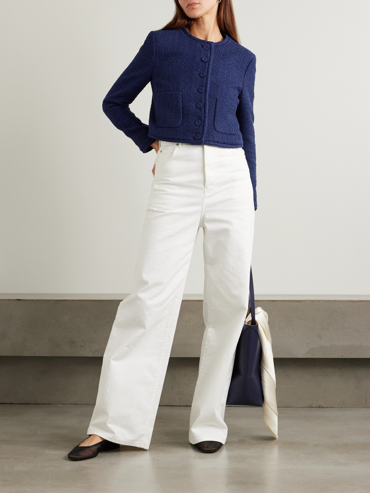 Another Tomorrow Cropped Organic Cotton-tweed Jacket In Blue