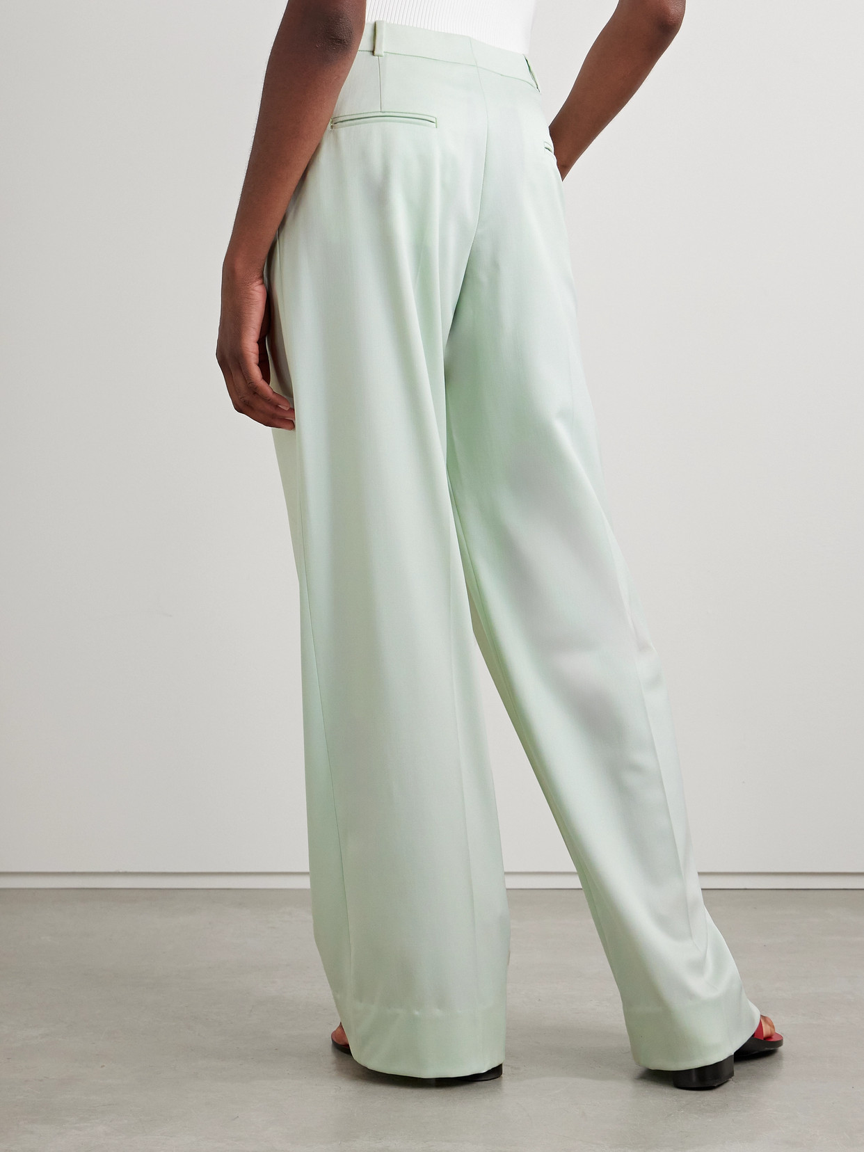 Another Tomorrow Pleated Wool-blend Wide-leg Pants In Green