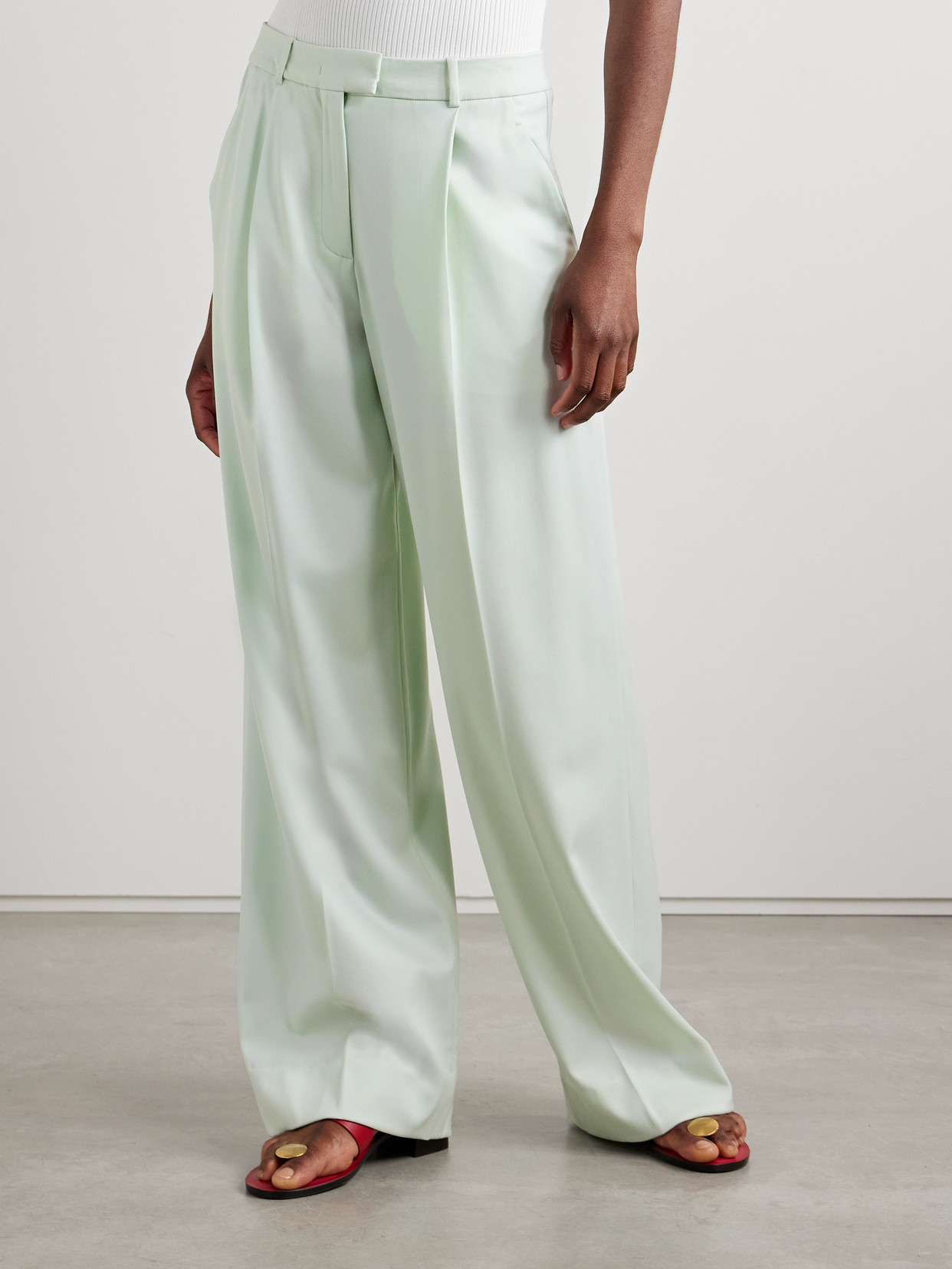 Another Tomorrow Pleated Wool-blend Wide-leg Pants In Green