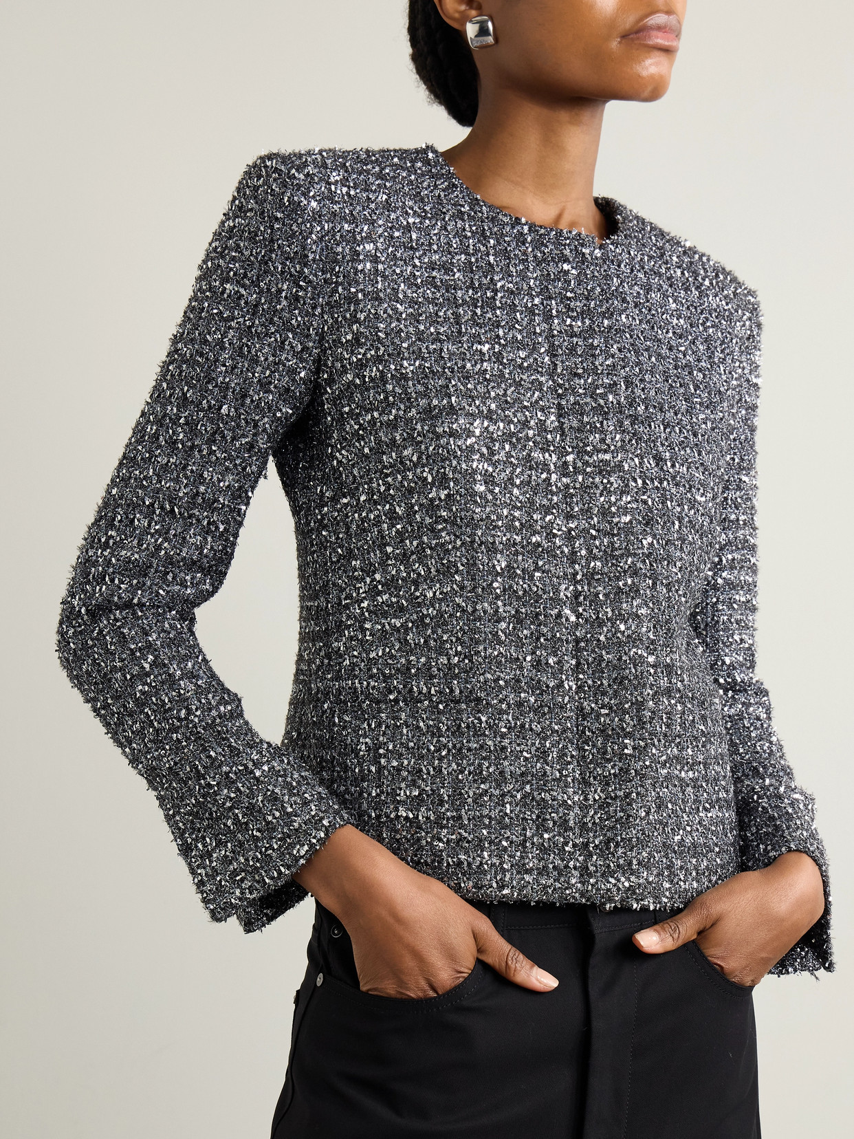 Maria Mcmanus Metallic Paillette Tweed Shrunken Jacket In Silver