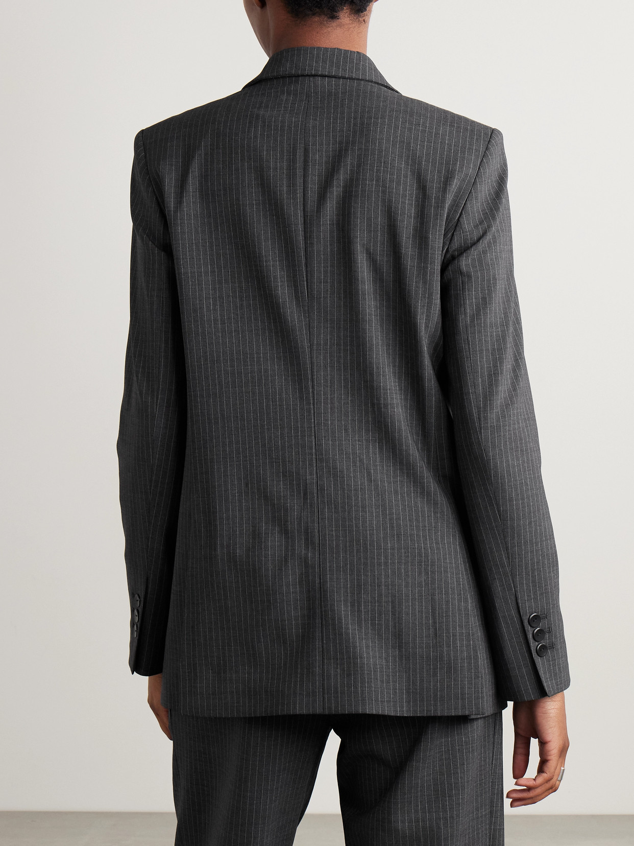Maria Mcmanus Double-breasted Draped Pinstriped Wool-blend Blazer In Gray
