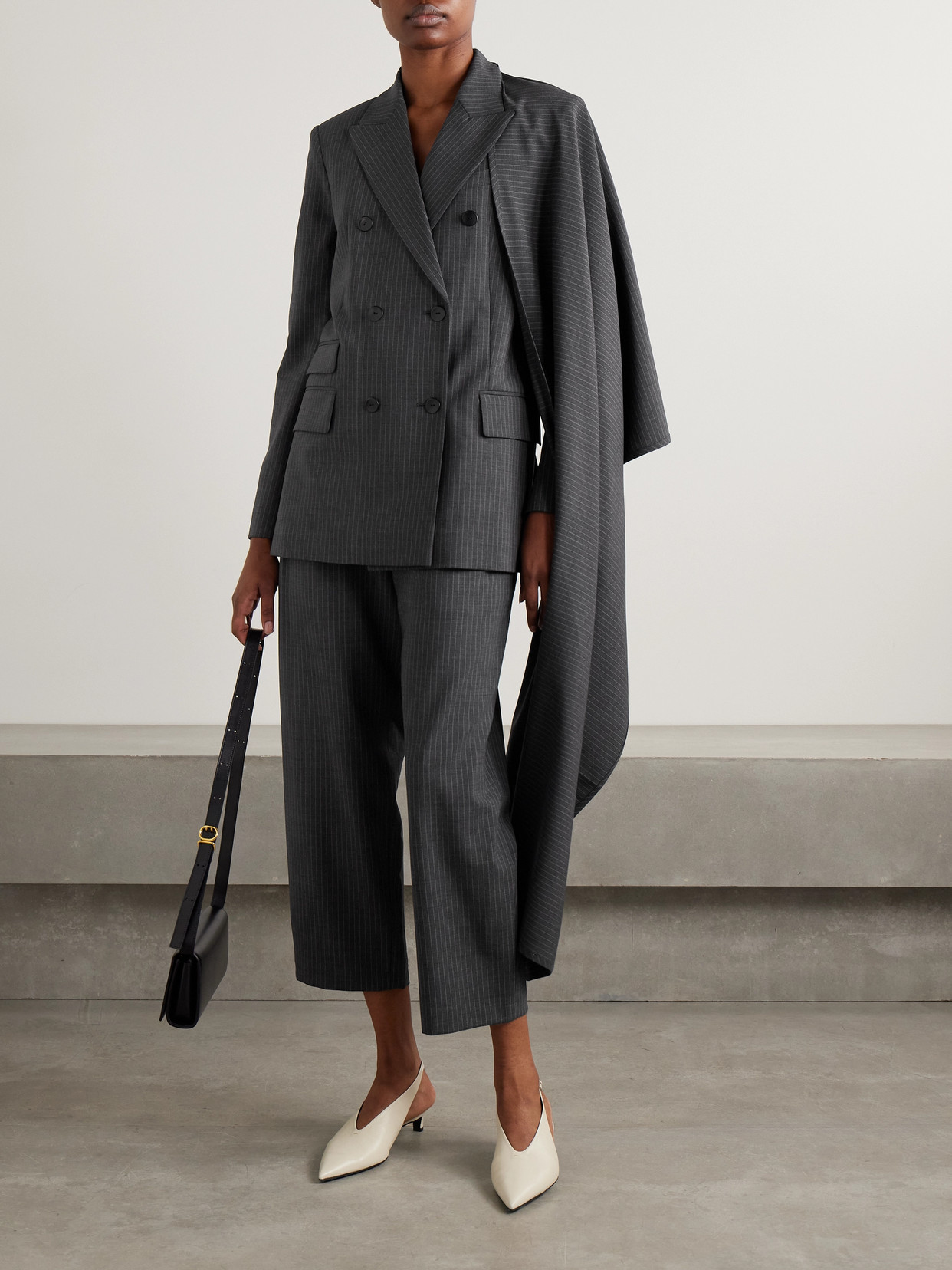 Maria Mcmanus Double-breasted Draped Pinstriped Wool-blend Blazer In Gray