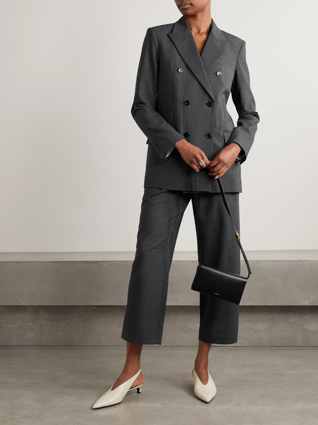 Maria Mcmanus Double-breasted Draped Pinstriped Wool-blend Blazer In Gray