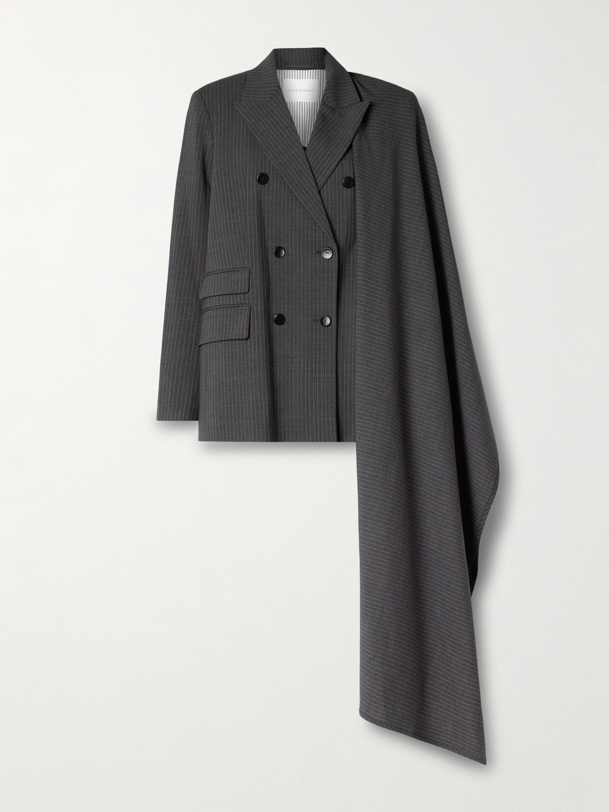 Maria Mcmanus Double-breasted Draped Pinstriped Wool-blend Blazer In Grey