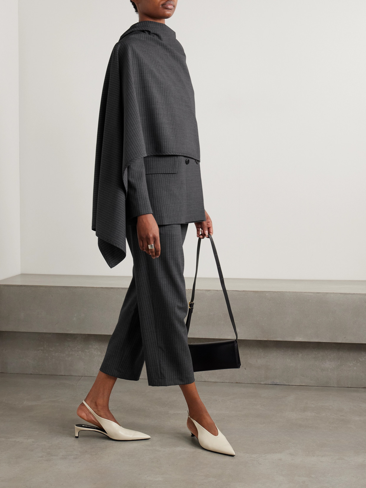 Maria Mcmanus Double-breasted Draped Pinstriped Wool-blend Blazer In Gray