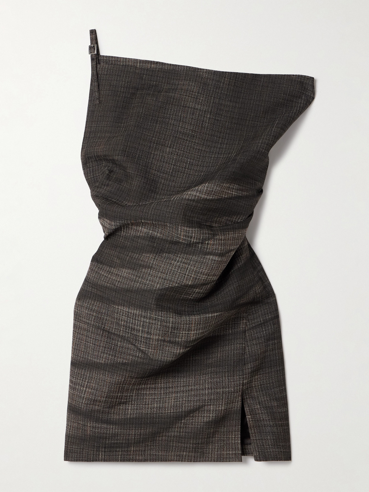 Acne Studios One-shoulder Gathered Checked Linen-blend Mini Dress In Black