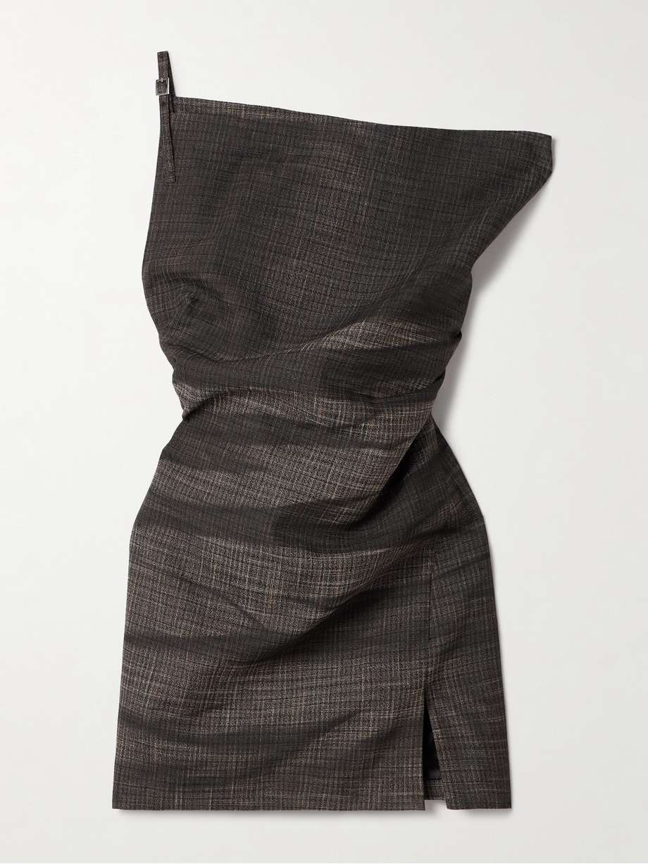 one-shoulder gathered checked linen-blend mini dress