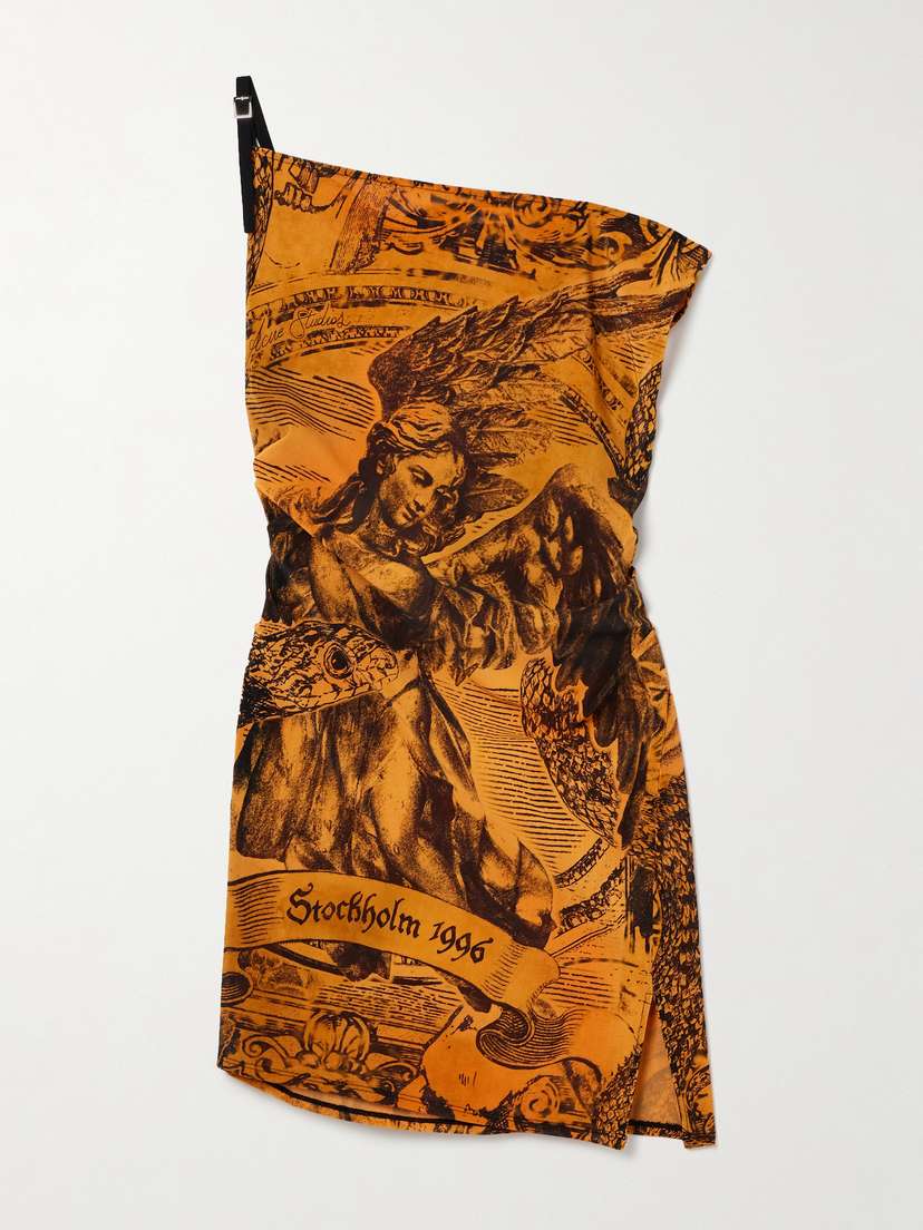 Acne Studios Off-the-shoulder Ruched Printed Stretch-mesh Mini Dress - EU 42