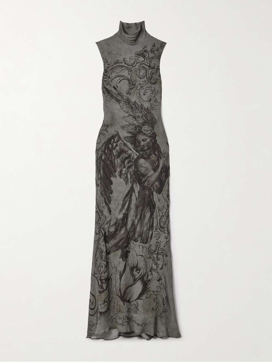open-back printed georgette turtleneck maxi dress