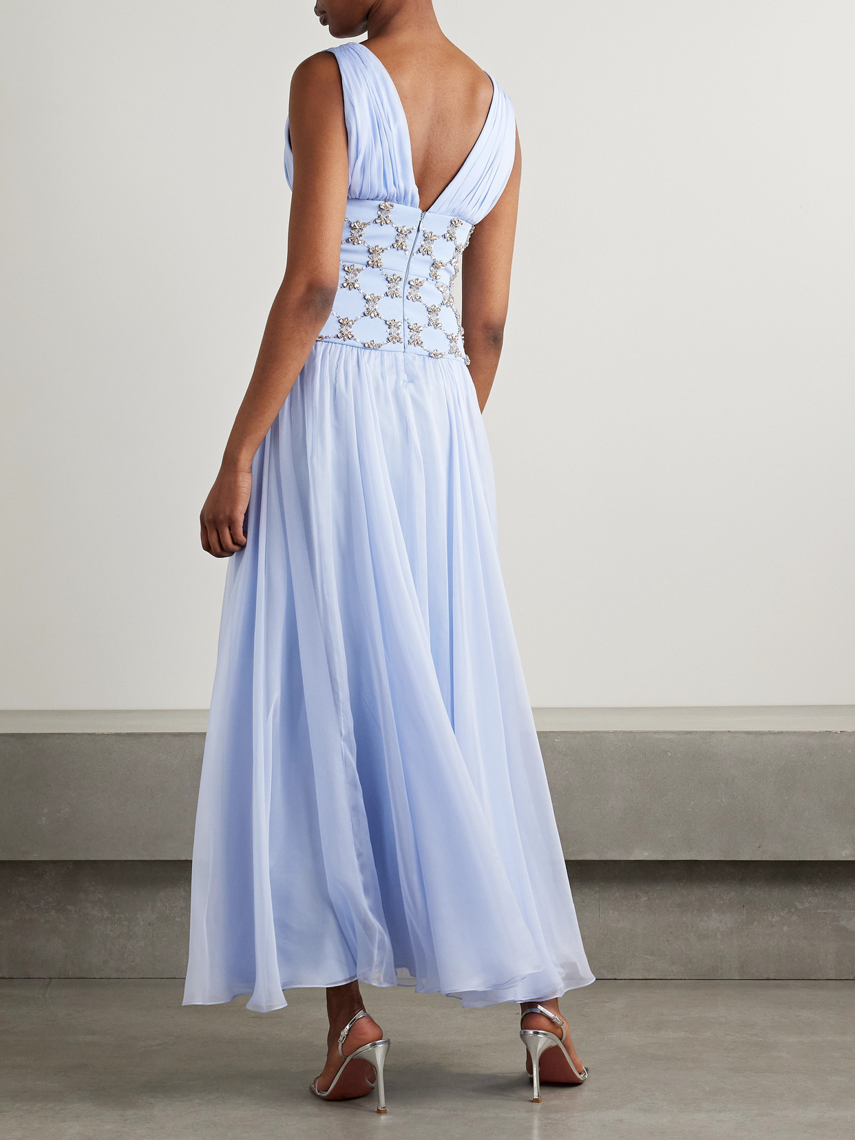 Sabina Bilenko Cody Chiffon And Crystal-embellished Silk-crepe Gown In Blue