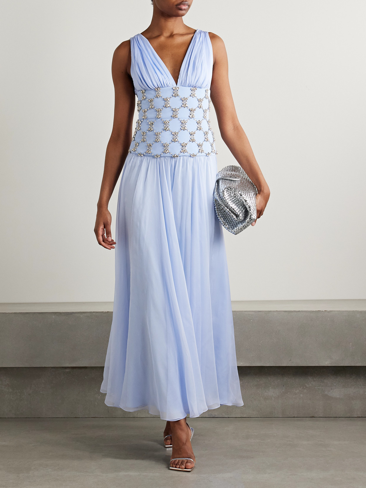 Sabina Bilenko Cody Chiffon And Crystal-embellished Silk-crepe Gown In Blue