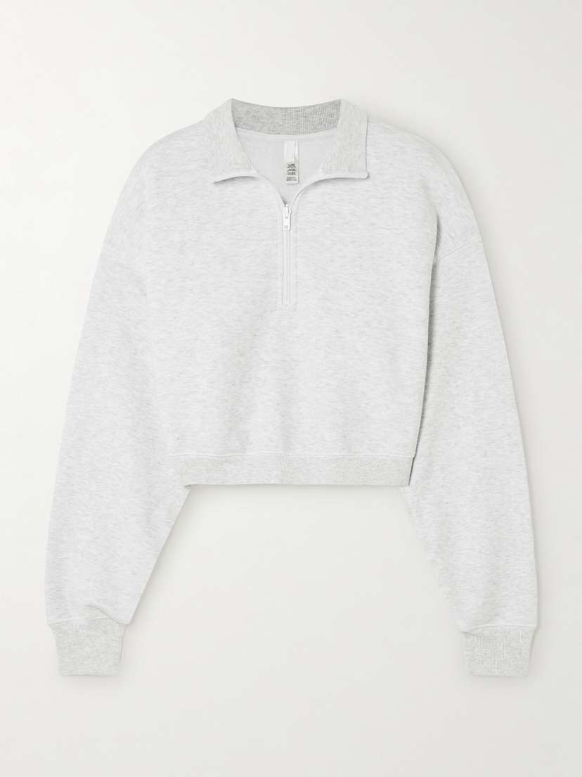 Skims Cropped Cotton-blend Jersey Half-zip Sweateright Heather Gray