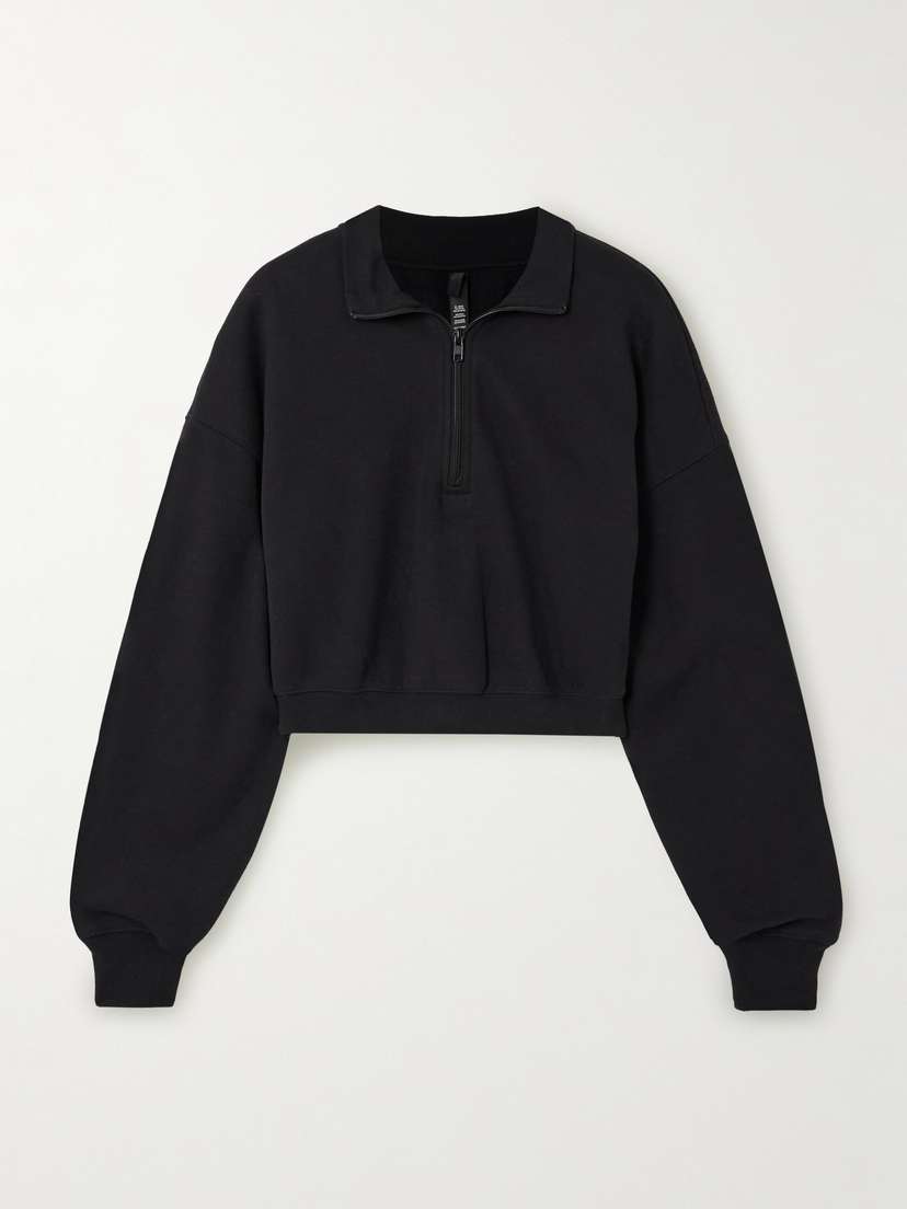 Skims Cropped Cotton-blend Jersey Half-zip Sweater - Onyx
