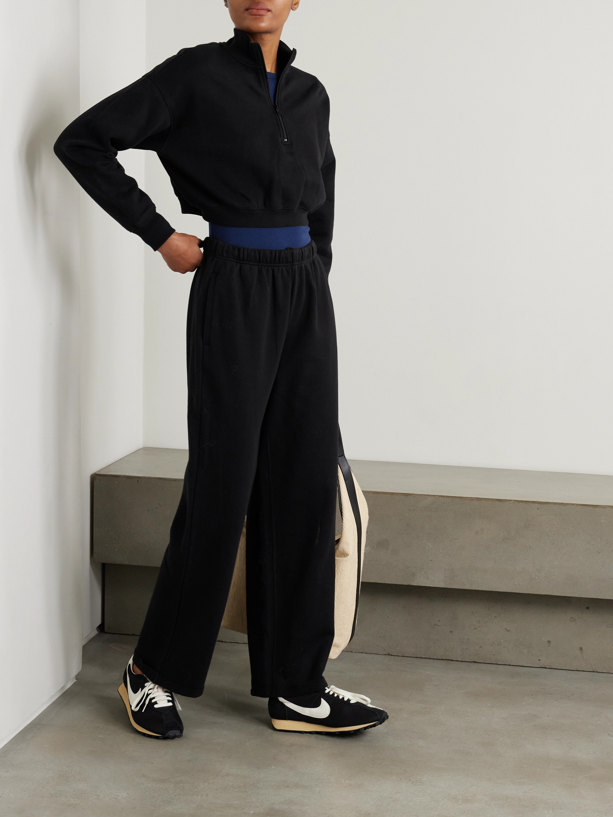 Skims Cropped cotton-blend jersey half-zip sweater - Onyx