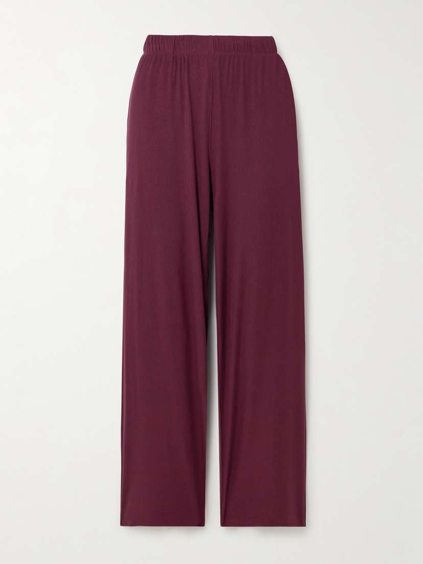 Skims Soft Lounge Ribbed Stretch-modal Wide-leg Pants - Bordeaux