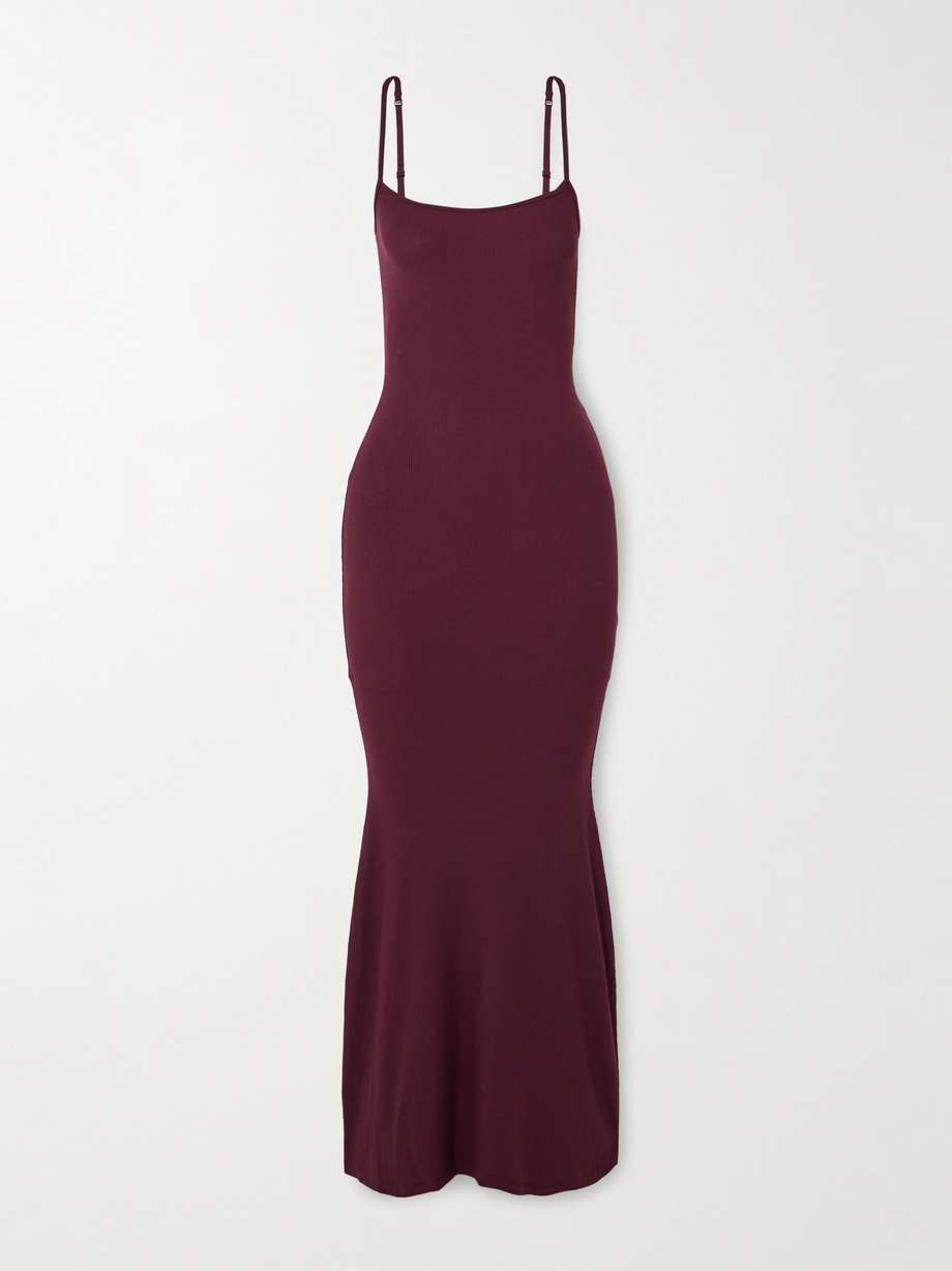 soft lounge ribbed long stretch-modal slip dress - bordeaux