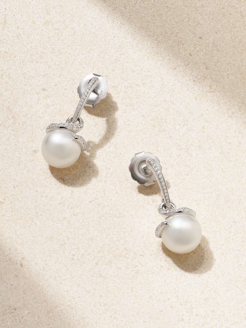 Mikimoto 18-karat White Gold, Pearl And Diamond Earrings