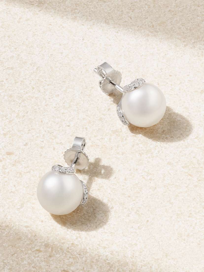 Mikimoto 18-karat White Gold, Pearl And Diamond Earrings