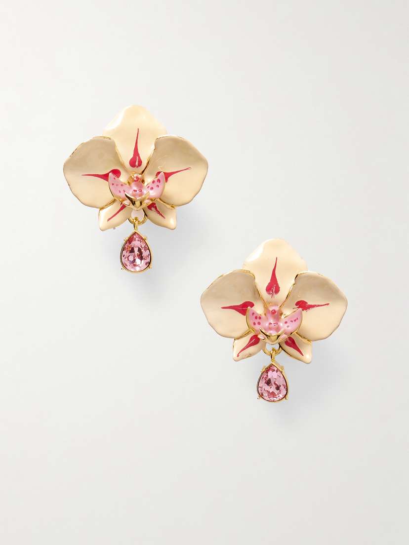 Oscar de la Renta Orchid Gold-tone, Enamel And Crystal Earrings