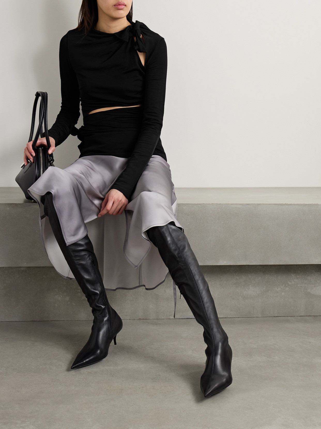 Cutout Knotted Ruched Stretch-Jersey Top