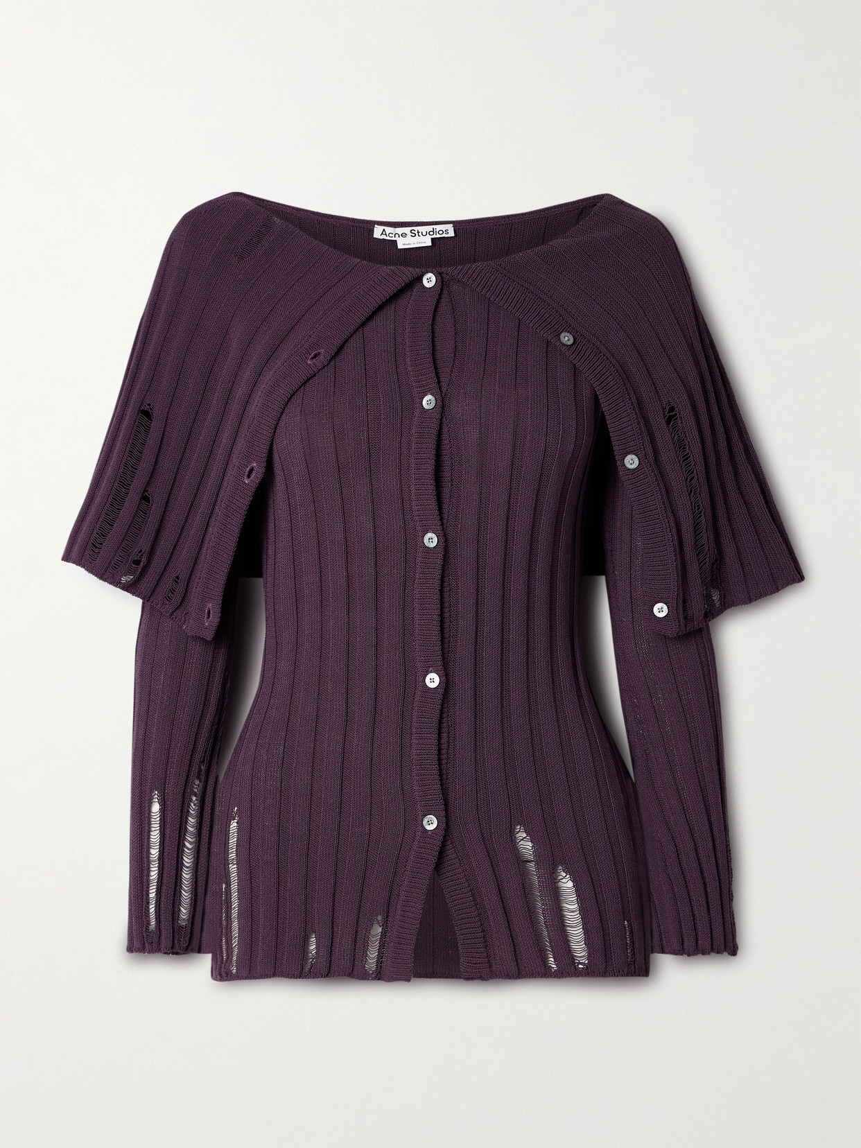 Acne Studios Distressed Ribbed Organic Cotton-blend Cardigan In Purple