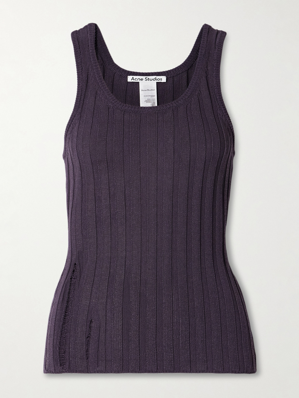 Acne Studios Distressed Ribbed Organic Cotton-blend Tank In Purple