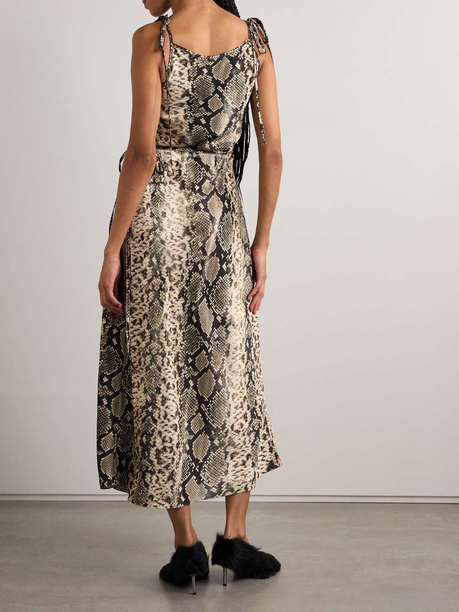 wrap-effect draped snake-print hammered-satin midi dress