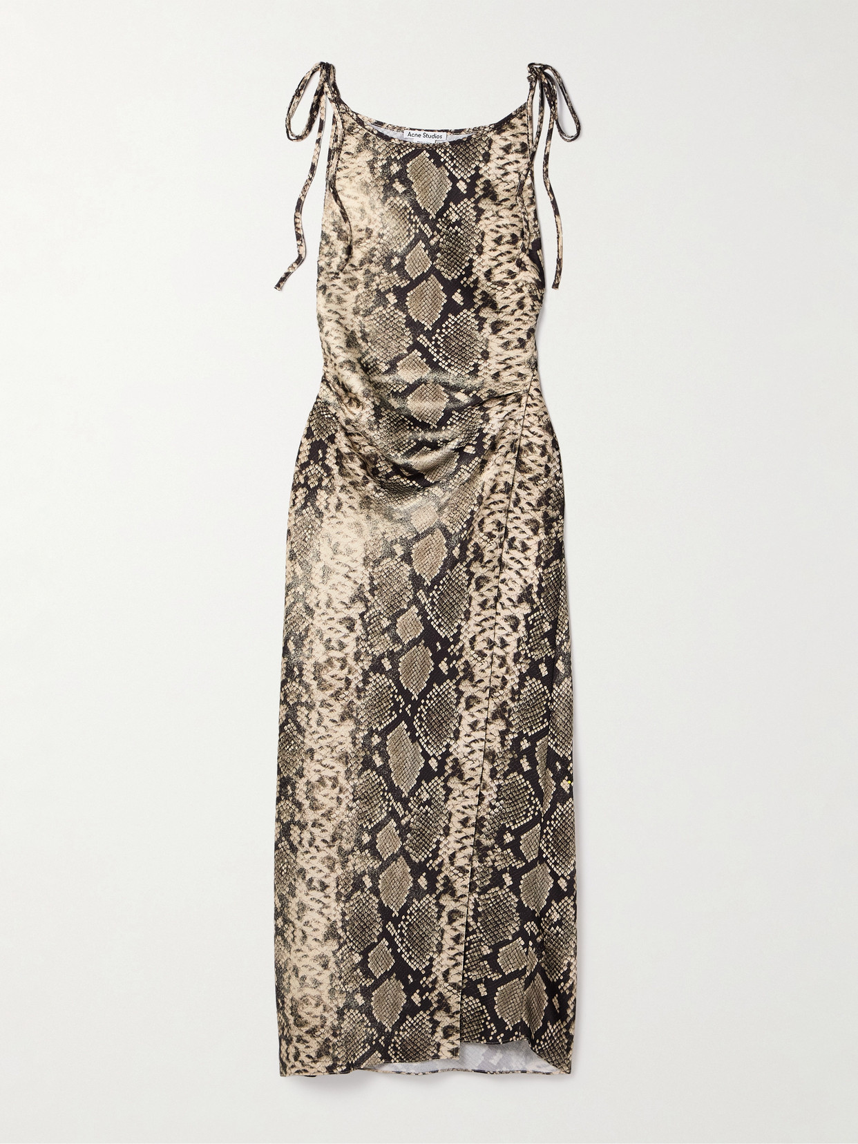 Acne Studios Wrap-effect Draped Snake-print Hammered-satin Midi Dress In Brown