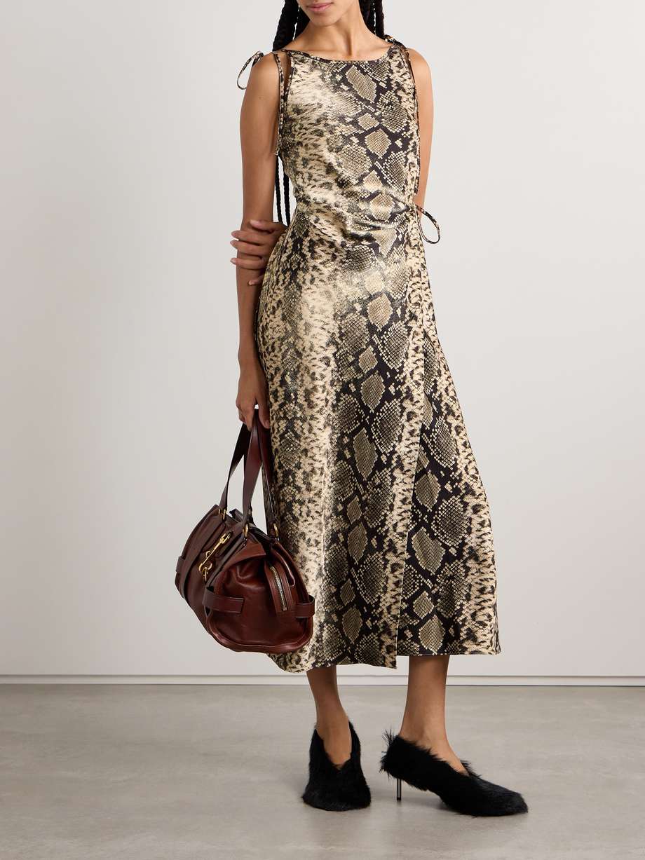 wrap-effect draped snake-print hammered-satin midi dress