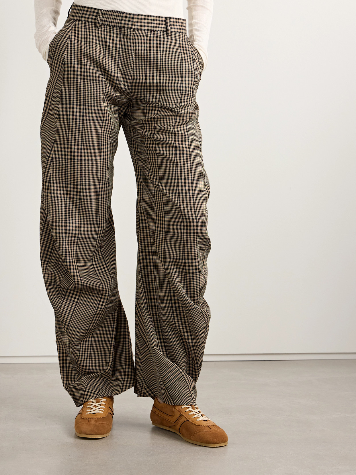 Acne Studios Checked Woven Barrel-leg Pants In Brown