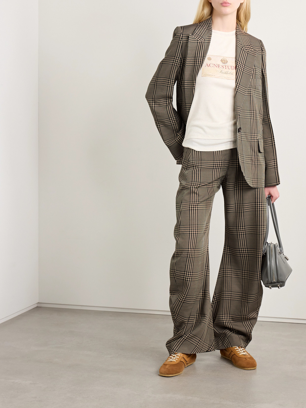 Acne Studios Checked Woven Barrel-leg Pants In Brown