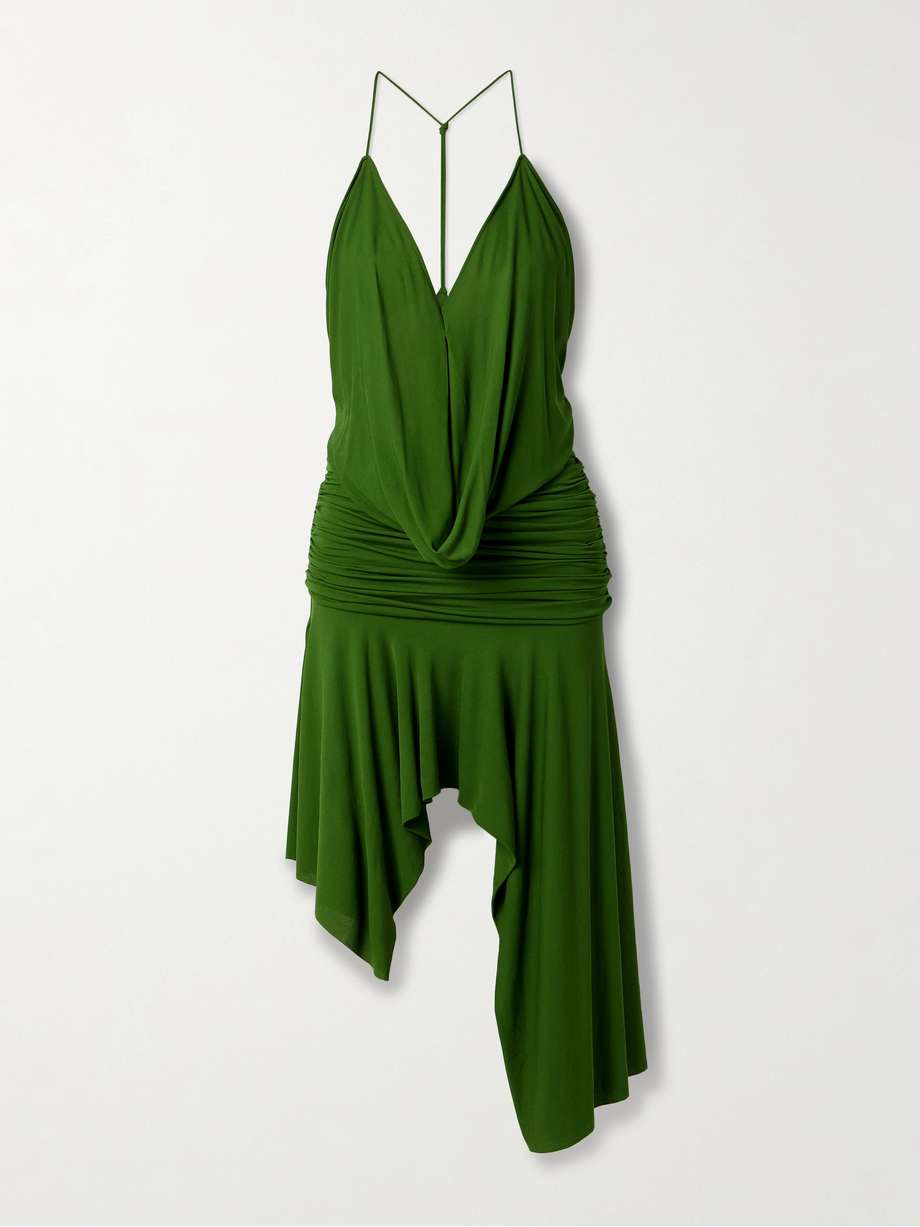 asymmetric draped ruched jersey midi dress