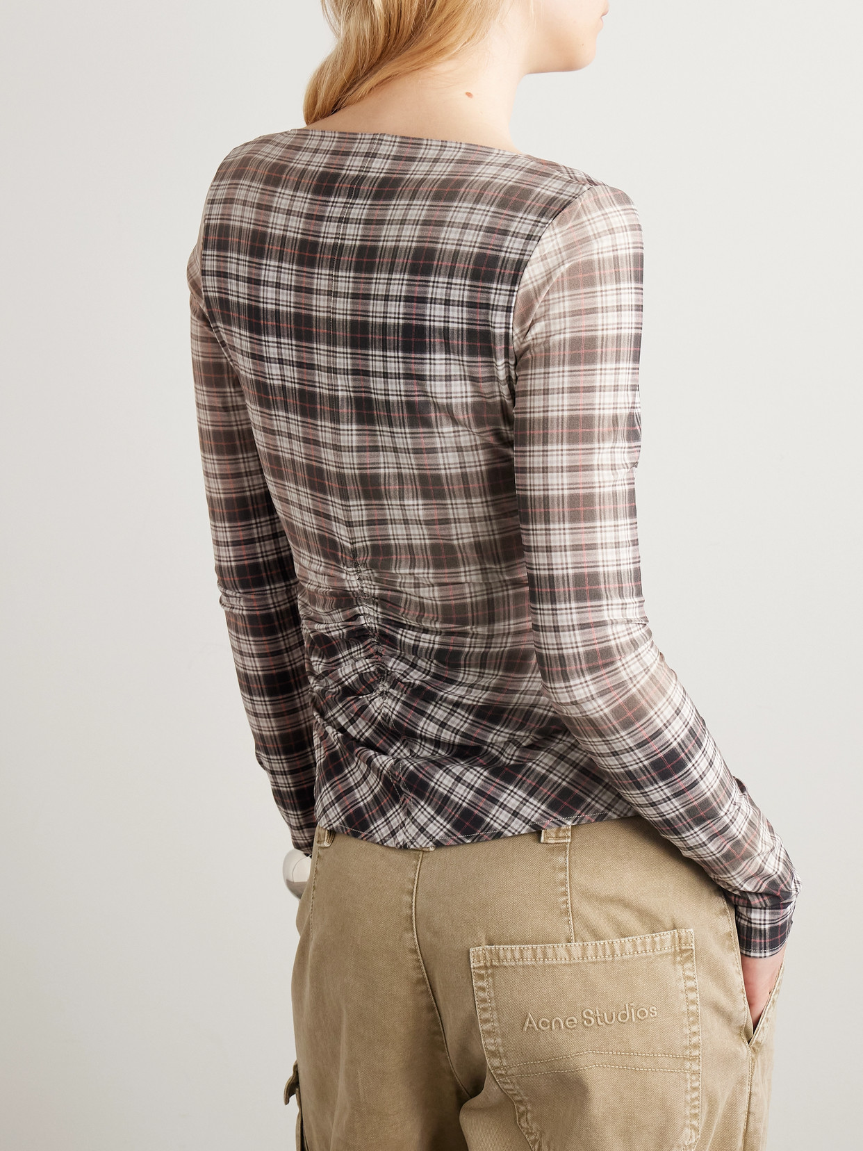 Ruched Checked Stretch-Jersey Top