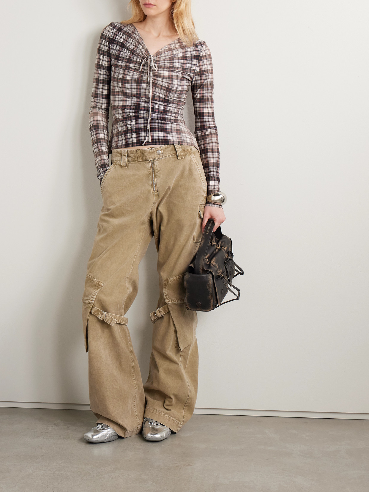 Ruched Checked Stretch-Jersey Top